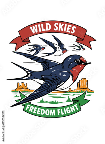 Wild skies freedom flight swallow bird artwork for t-shirt. Desert landscape vintage graphic. Retro sticker and poster design. Nature outdoors.