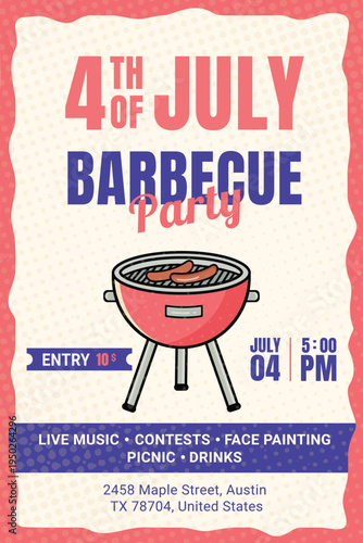 Vector barbecue banner with retro typography for USA Independence Day celebration. 4th of July design with grill theme, perfect for summer events, invitations, posters, and holiday decorations.