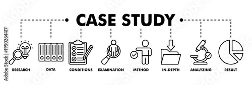 Case study banner web line vector illustration concept with icon of research, data, conditions, examination, method, in-depth, analyzing, and result