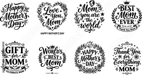 Happy Mother’s Day calligraphic black lettering logo design. Elegant hand-drawn typography for holiday greetings, cards, invitations, and celebration designs. Isolated vector illustration on white bac