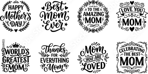Happy Mother’s Day calligraphic black lettering logo design. Elegant hand-drawn typography for holiday greetings, cards, invitations, and celebration designs. Isolated vector illustration on white bac