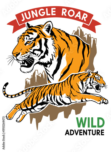 Tiger mountain vintage artwork. Jungle roar tiger apparel design. Wild and free adventure vector. Keep nature wild batch. Roar predator illustration.