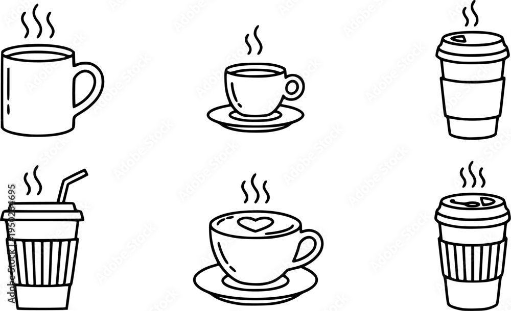 Obraz premium Set of minimal black line illustrations of coffee cups with steam in a simple outline style. Clean modern vector icons inspired by café and beverage themes. Minimalist line art design isolated on a wh