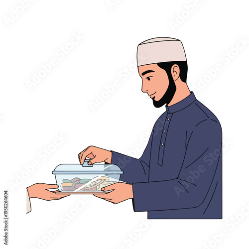 Man wearing a traditional muslim cap giving food in a box