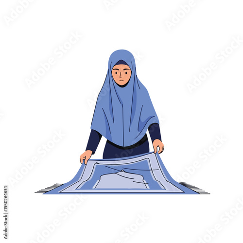 Woman in hijab spreading prayer mat on floor for Islamic prayer