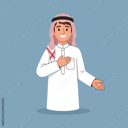 Middle Eastern man in traditional clothing smiling and gesturing