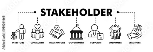 Stakeholder relationship banner web line vector illustration concept for stakeholder, investor, government, and creditors with icon of community, trade unions, suppliers, and customers