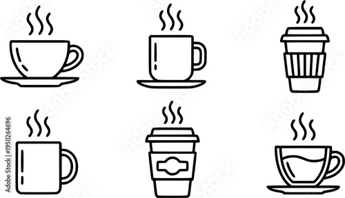 Set of minimal black line illustrations of coffee cups with steam in a simple outline style. Clean modern vector icons inspired by café and beverage themes. Minimalist line art design isolated on a wh
