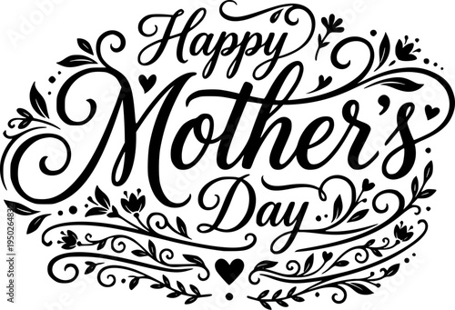 Happy Mother’s Day calligraphic black lettering logo design. Elegant hand-drawn typography for holiday greetings, cards, invitations, and celebration designs. Isolated vector illustration on white bac