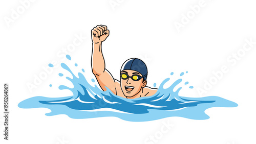 Male swimmer wearing goggles and a swim cap celebrating a victory by raising his fist out of the blue water.
