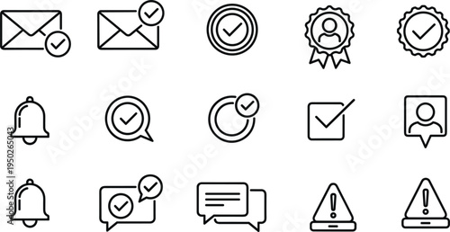 Notification Alert and Verification Line Icon Set with Checkmark Message Warning Symbols