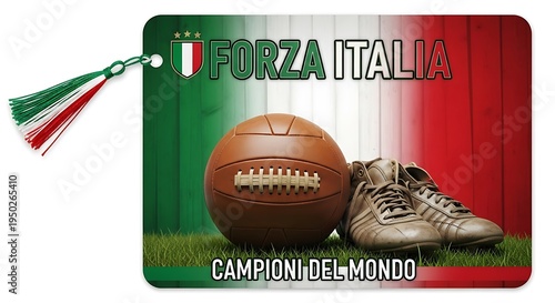 Commemorative bookmark design features vintage soccer equipment against a national flag background