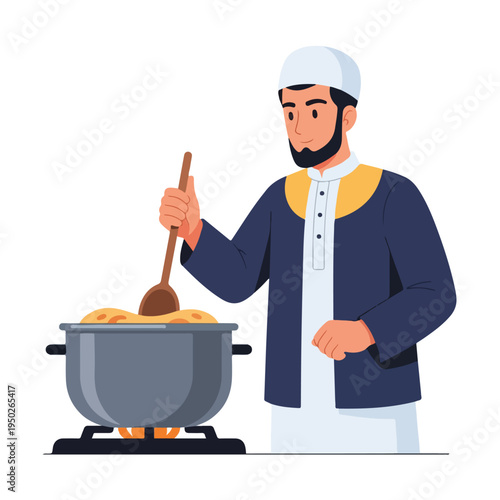 Man cooking food in a pot on a stove with a spoon