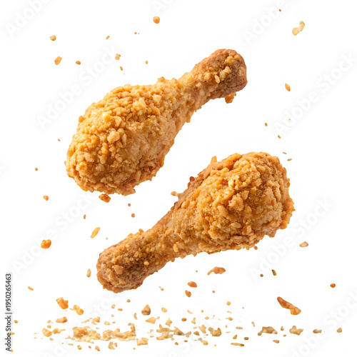 Two crispy golden fried chicken drumsticks floating in the air with crunchy breading crumbs falling isolated on transparent background