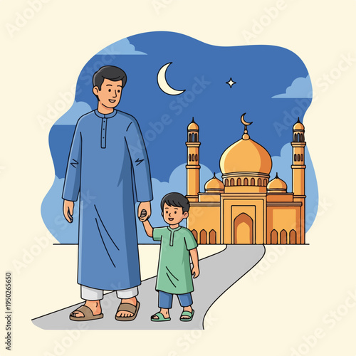 Father and son walking towards a mosque on a moonlit night