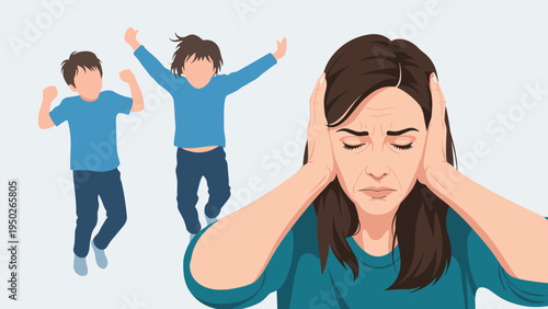 Stressed mother covering her ears while her two energetic children are jumping and playing loudly behind her.