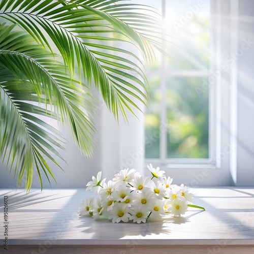 Abstract white studio background for product presentation. Empty room with shadows of window and flowers and palm leaves . 3d room with copy space. Summer concert. Blurred backdrop.