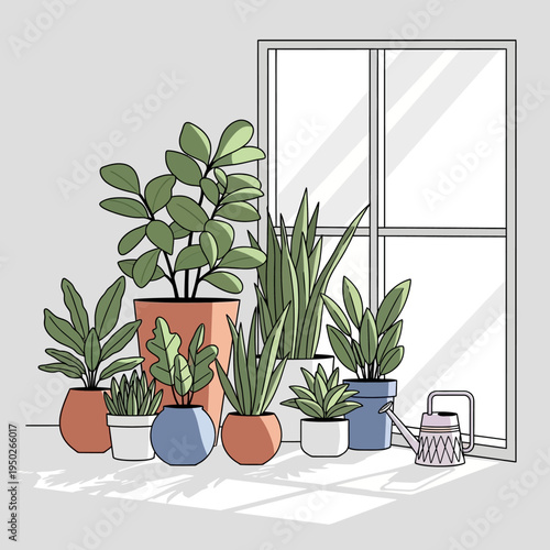 Cozy indoor plants collection by the window with watering can and sunlight shadows