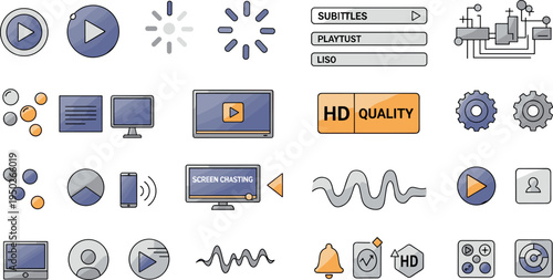 Multimedia Video Player Interface Icon Set with Streaming Controls and HD Quality Symbols