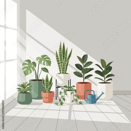 Cozy indoor plants collection bathed in sunlight, home decor, natural light.