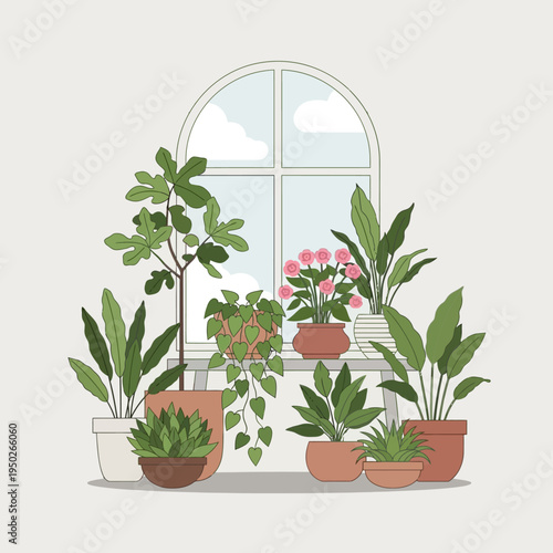 Cozy indoor plants collection on windowsill with arched window and clouds view