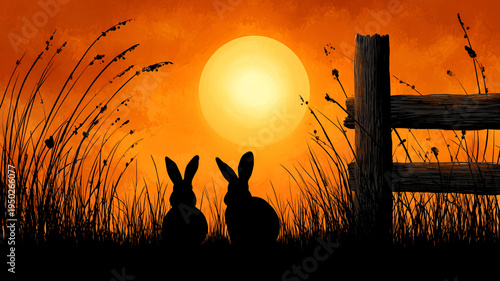 Silhouette of Easter bunnies at sunset.