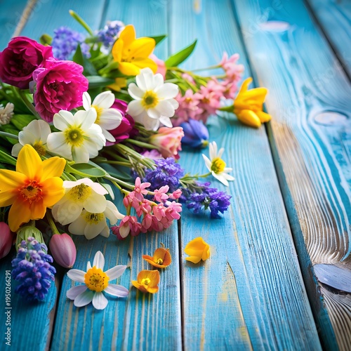 Garden flowers over blue wooden table background. Backdrop with copy space