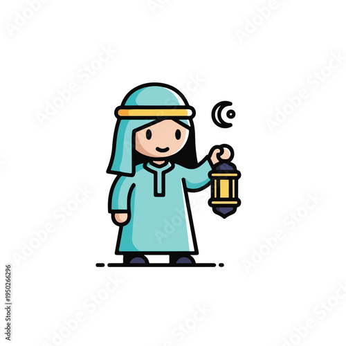 Cartoon woman wearing traditional muslim clothing holding a lantern
