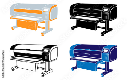 Four large-format printers in different color schemes were displayed side by side