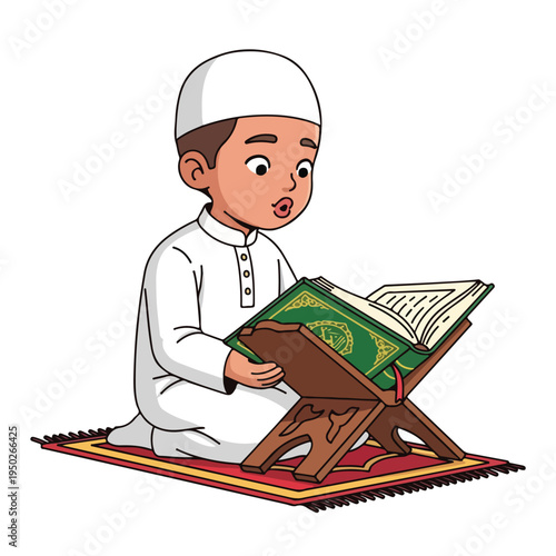 young boy reading holy book on wooden stand on prayer mat