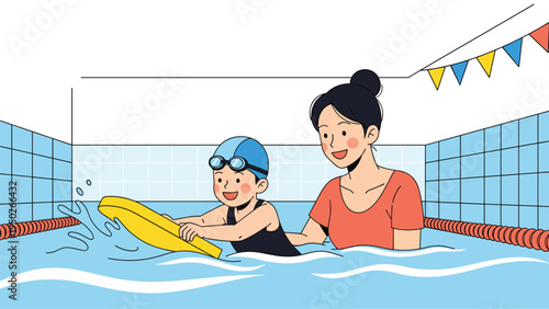 Smiling mother supports her young son while he practices swimming with a yellow kickboard in a clean indoor public pool with colorful flags.