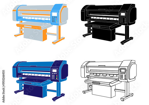 Four large-format printers in various color schemes and styles