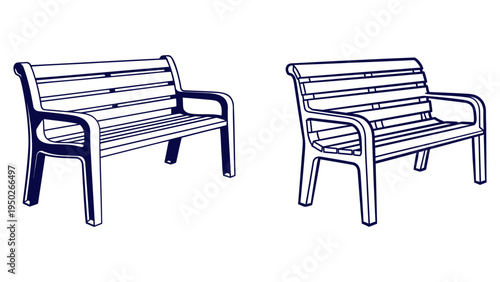 Two different styles of park benches shown in a simple line drawing format