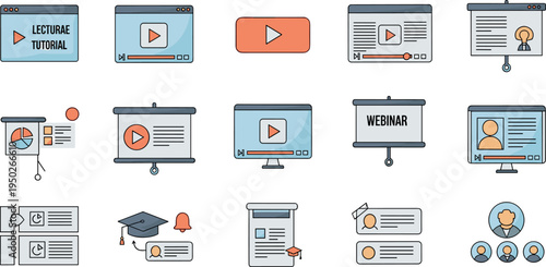 Online Learning Webinar and Video Tutorial Icon Set with E Learning Education Symbols