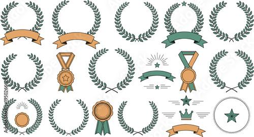 Green Laurel Wreath Award and Medal Icon Set with Ribbon Banner Victory Symbols