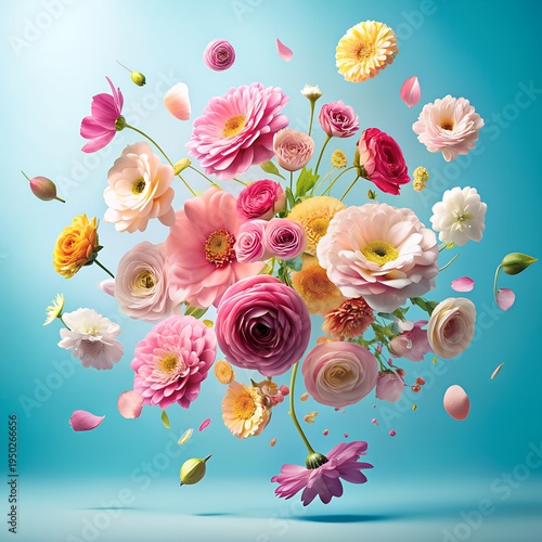 Beautiful romantic flying or levitate pastel flowers. Falling on bright blue background. Creative spring bloom or floral concept. Minimal natural Mother's, Valentines, Women's day or wedding day.