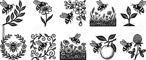 Linocut nature bee icon pack with bold hand-carved lines, engraved botanical elements, featuring bees on leaves, flowers, blossoms, meadow, wreath, vine, and fruit.

