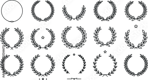 Minimal Laurel Wreath Circle Frame Icon Set with Elegant Award and Victory Symbols