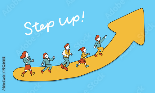 進級・新学期・新学年・成績アップなどのイメージ　上に向かう矢印の上を走る5人の学生のイラスト