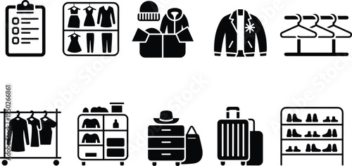 fashion wardrobe icons set, clothing rack closet suitcase jacket hanger shoes apparel organization lifestyle store illustration collection