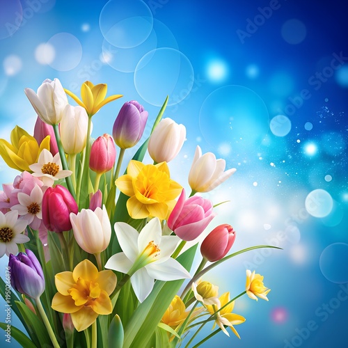 spring background; fresh flower on blue background.