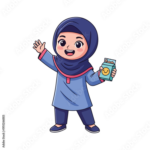 Cartoon Muslim girl in hijab holding a carton of juice