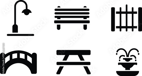 park furniture icons set, street lamp bench fence bridge picnic table fountain silhouettes, urban outdoor landscape illustration collection