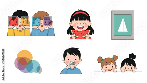 Educational set of children icons shows kids engaging in different daily activities like eating fruit, brushing teeth, and playing together.