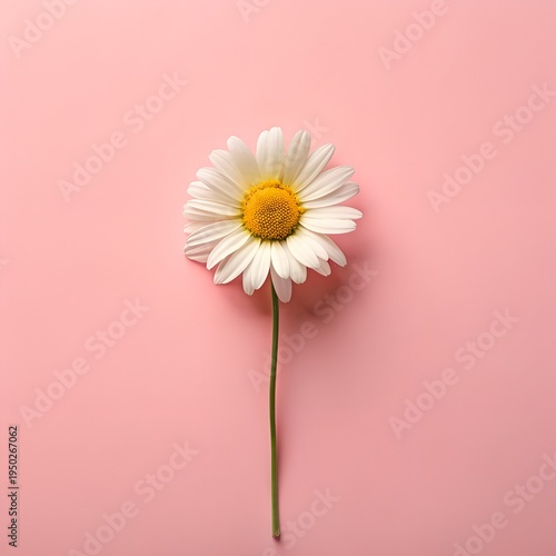 Beautiful chamomile daisy flower on neutral pink background. Minimalist floral concept with copy space. Creative still life summer, spring background