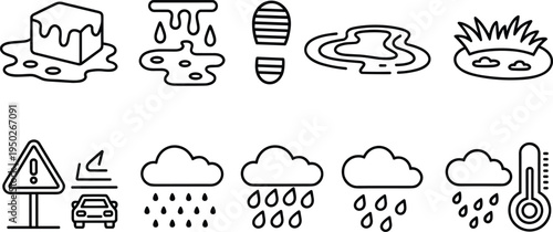 melting ice climate icons set, puddle footprint grass rain cloud temperature warning road symbol environmental weather line illustration