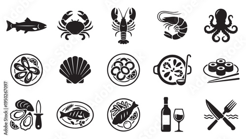 Seafood and Fish Restaurant Icon Set - Black Silhouette Vector Illustrations for Menu Design