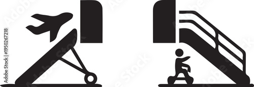 Two black and white airport pictograms depicting baggage loading onto a plane and a person using a mobility scooter on an escalator.