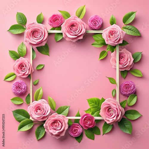 Banner with frame made of rose flowers and green leaves on a pink background. Springtime composition with copyspace.