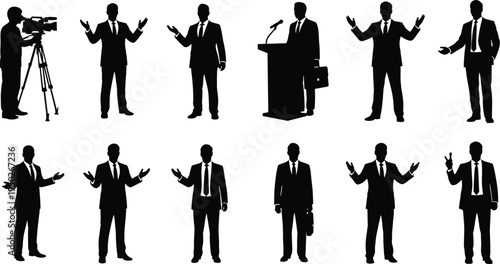 Businessmen silhouettes in suits, professional gestures, public speaking, video camera operator, podium presentation, teamwork, leadership